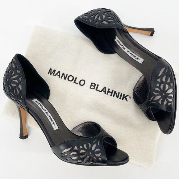 Manolo Blahnik Black Silver Floral Laser Cut Inlay D'Orsay Heel size IT 37.5 - Picture 1 of 11